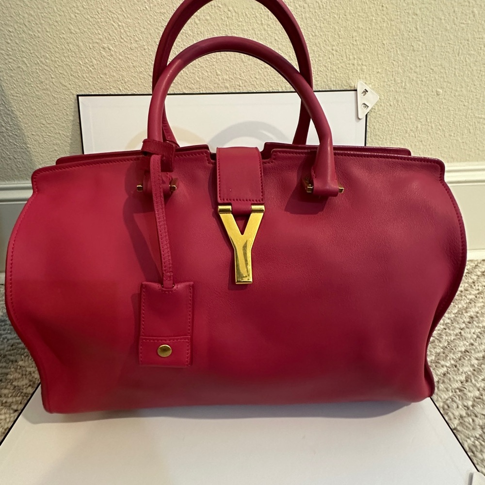 Saint Laurent Medium Classic Cabas Y Hot Pink Calfskin Leather Tote Bag